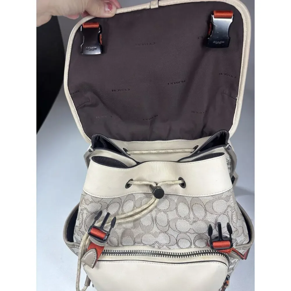 Coach League Flap Backpack Signature Jacquard Stone Ivory Leather Academia Rare